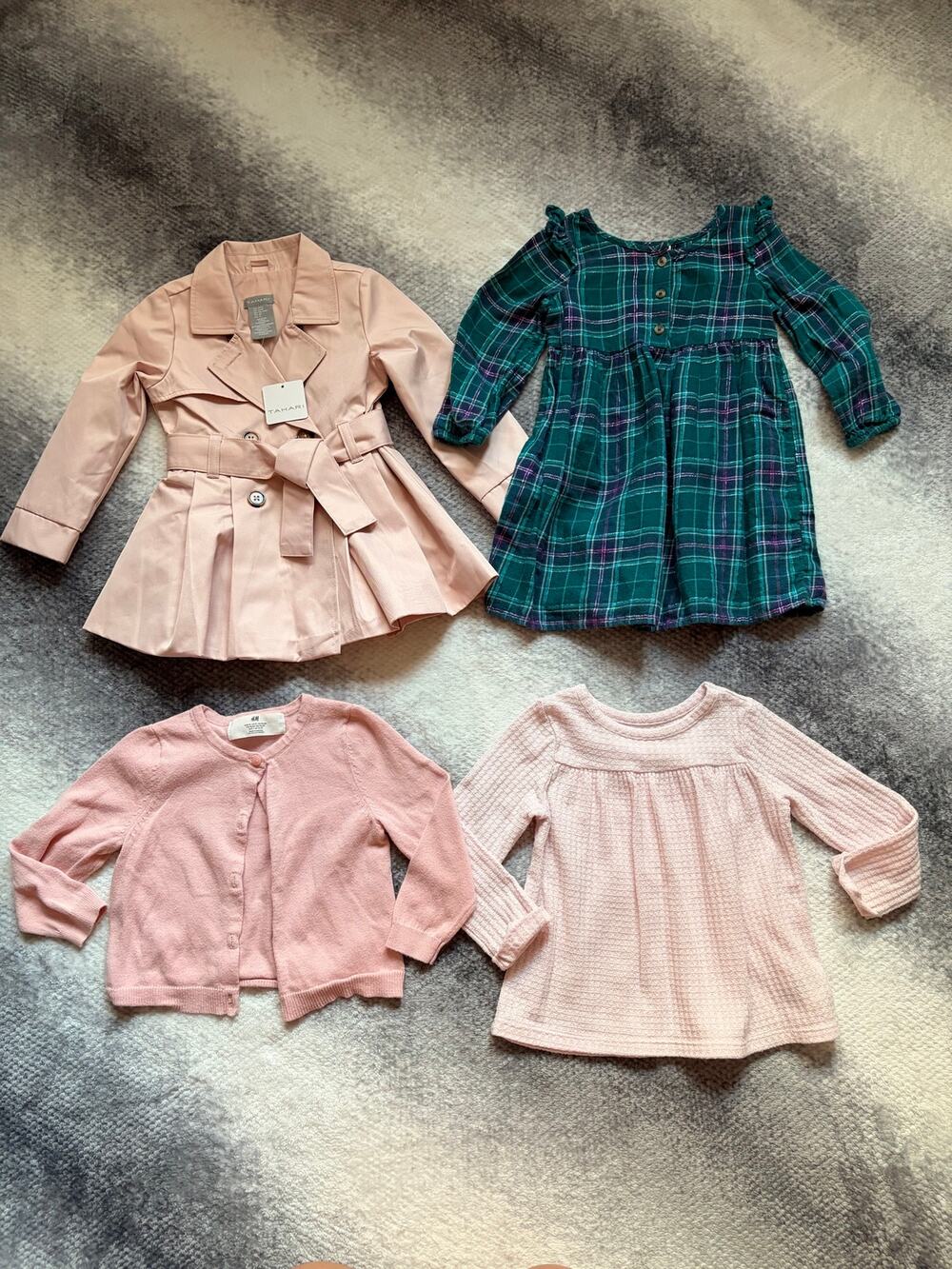 4 PC Bundle Size 2T 24 Month Girl Fall Pink Trench Coat Plaid Dress Cardigan Top
